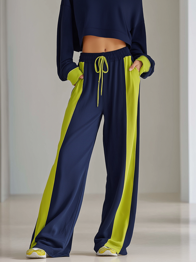 Women's Fashionable Casual Navy Blue Color-block Drawstring Wide-leg Pants