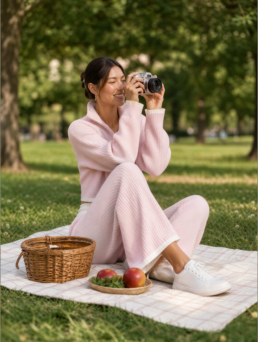 Pink Color-block Cropped Half-zip Mock-neck Knit Top And Wide-leg Pants Set