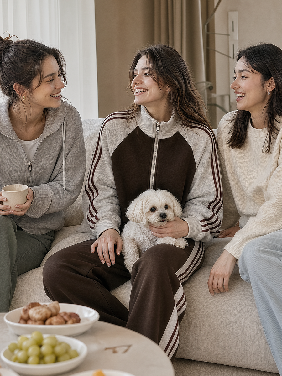Brown Color-block Striped Stand-collar Jacket And Wide-leg Trousers Casual Set