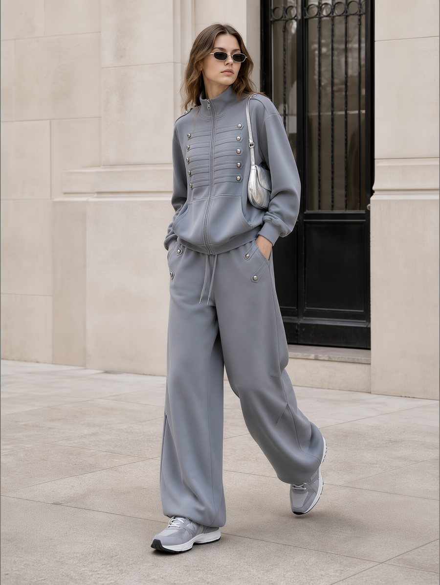 Grey Vintage-style Napoleon-inspired High-collar Jacket And Wide-leg Trousers Set With Stud Detailing