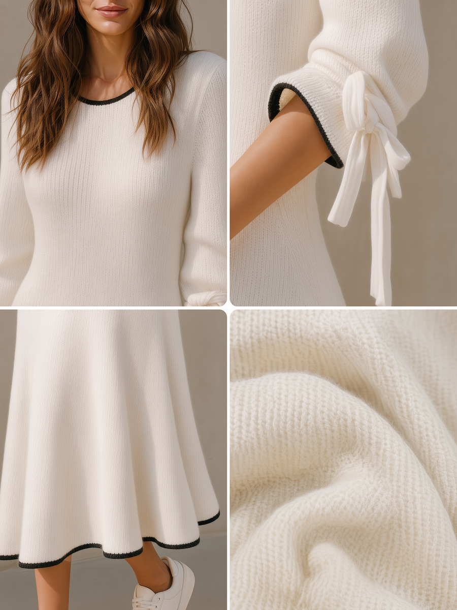 Knit Midi Mermaid Dress With Contrast-Trim Bow Sleeves