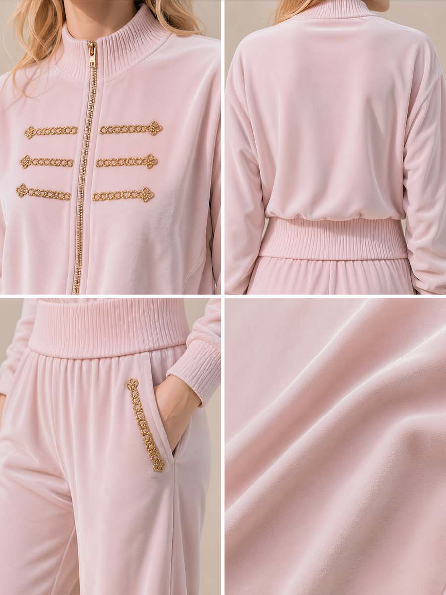 Pink Velvet Stand Collar Gold Embellished Zip Jacket Wide Leg Pants Set