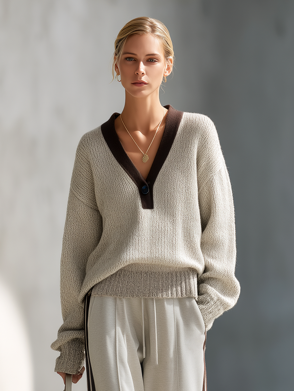 Olivria Women's Gray Block-Color V-Neck Knit Sweatshirt And Wide-Leg Pants Set
