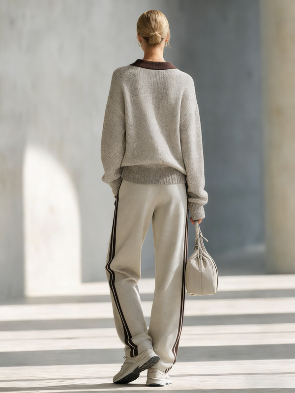 Olivria Women's Gray Block-Color V-Neck Knit Sweatshirt And Wide-Leg Pants Set