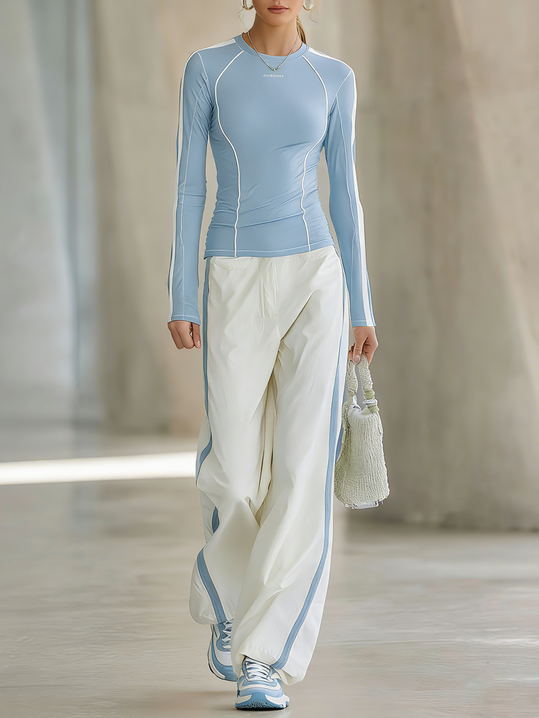Women's Lightweight Outdoor Casual Knitted T-shirt And Wide-leg Trousers Set