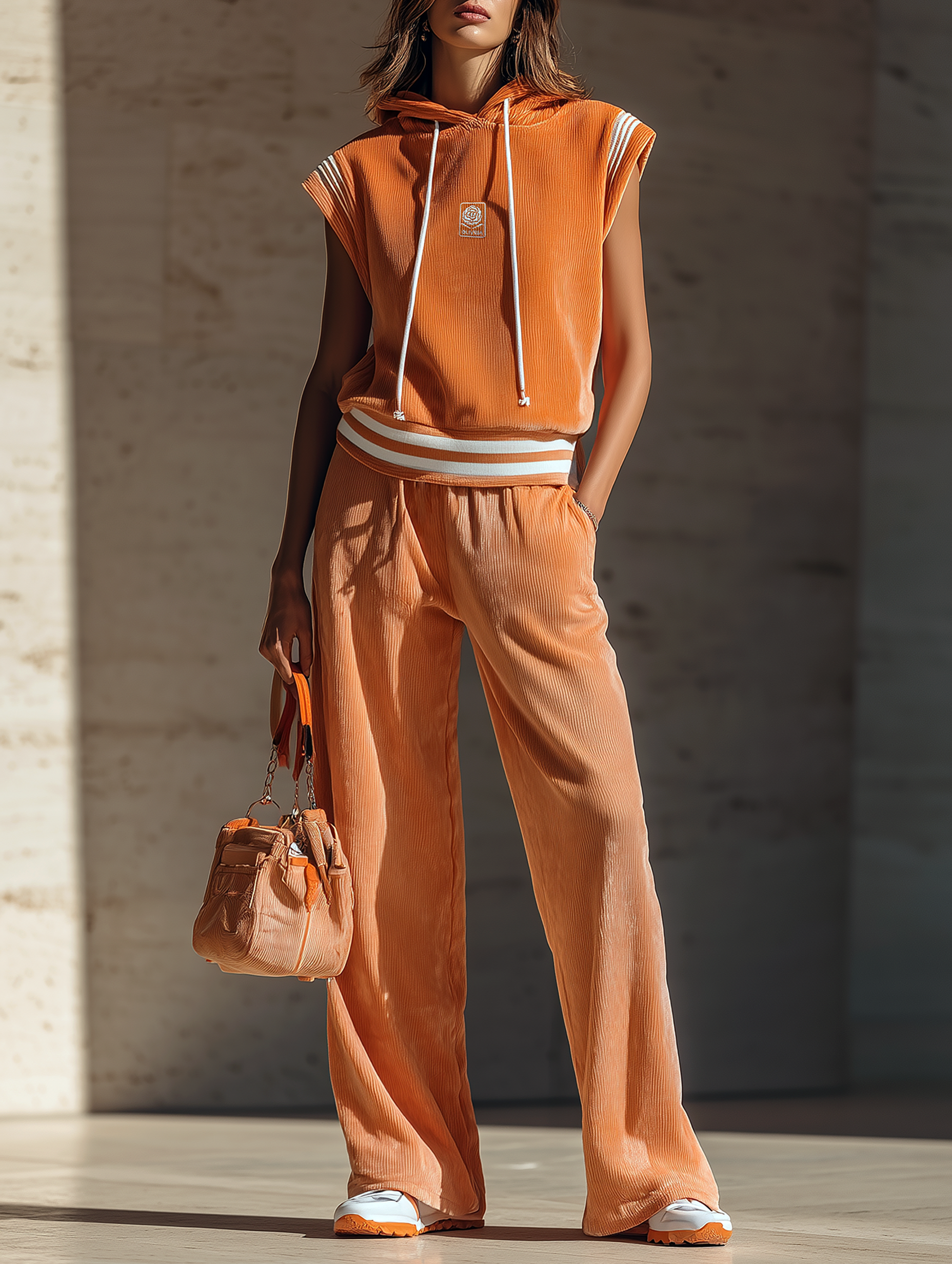 Women's Retro Casual Velvet Sleeveless Hooded Top And Wide-leg Pants Set