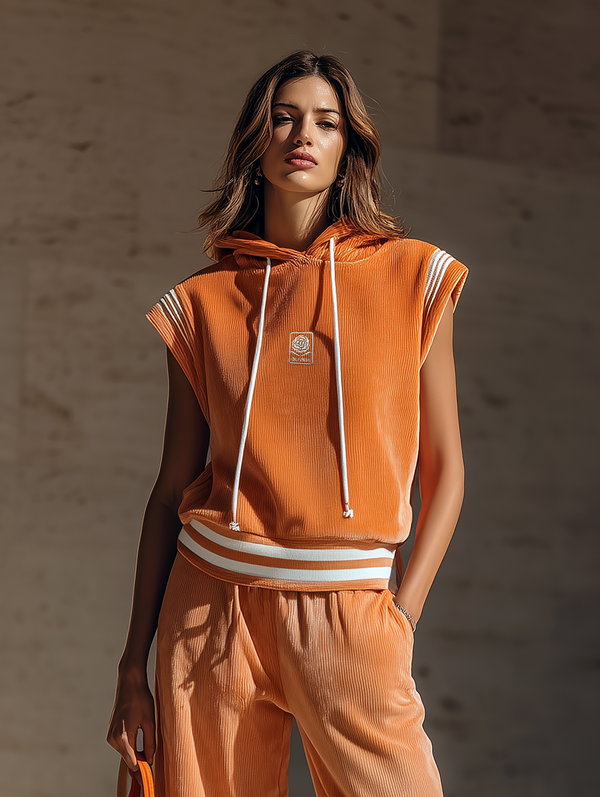 Retro Orange Velvet Hooded Vest  Sleeveless Casual Sports Top