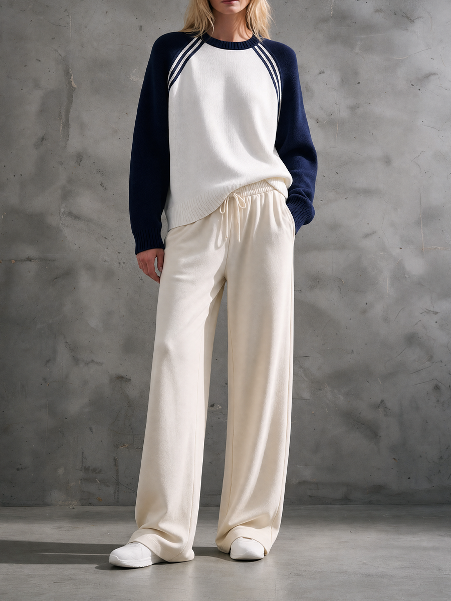 Navy Color-Block Raglan Knit Top & Cream Wide-Leg Pants Set