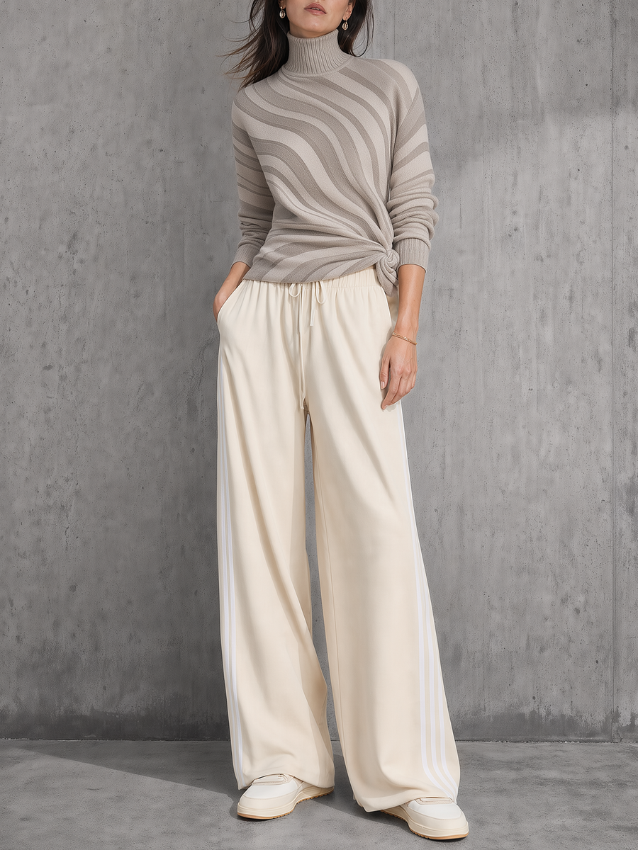 Taupe Swirl Turtleneck Sweater & Stripe Wide-Leg Pants Set