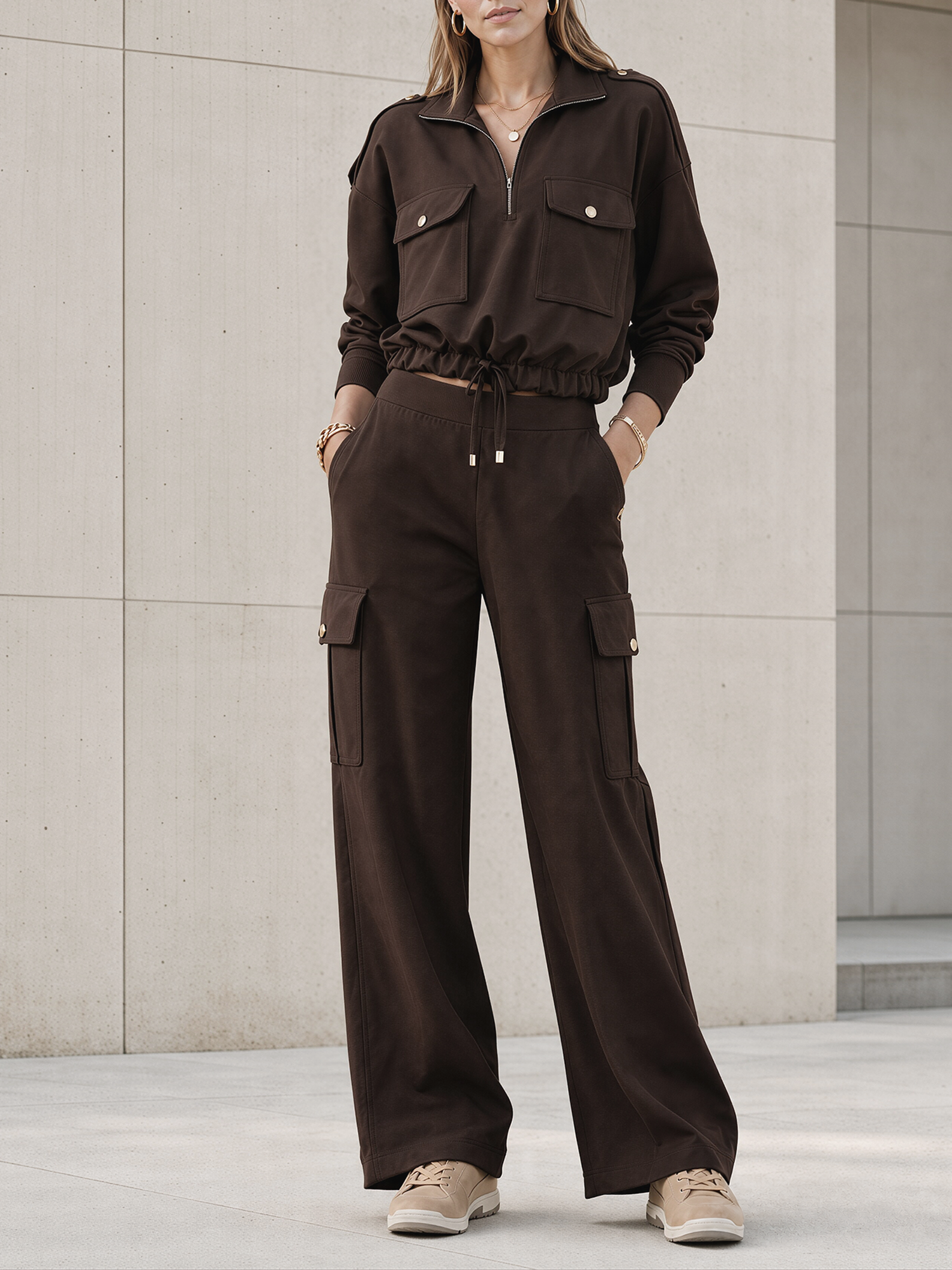 Olive Green Cargo Half-Zip Crop Top & Wide Leg Cargo Pants Set