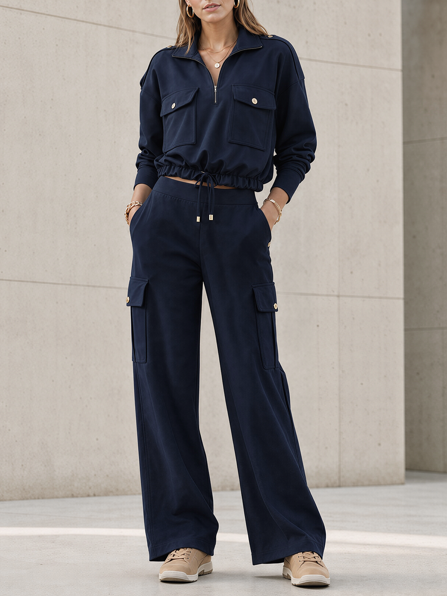 Olive Green Cargo Half-Zip Crop Top & Wide Leg Cargo Pants Set