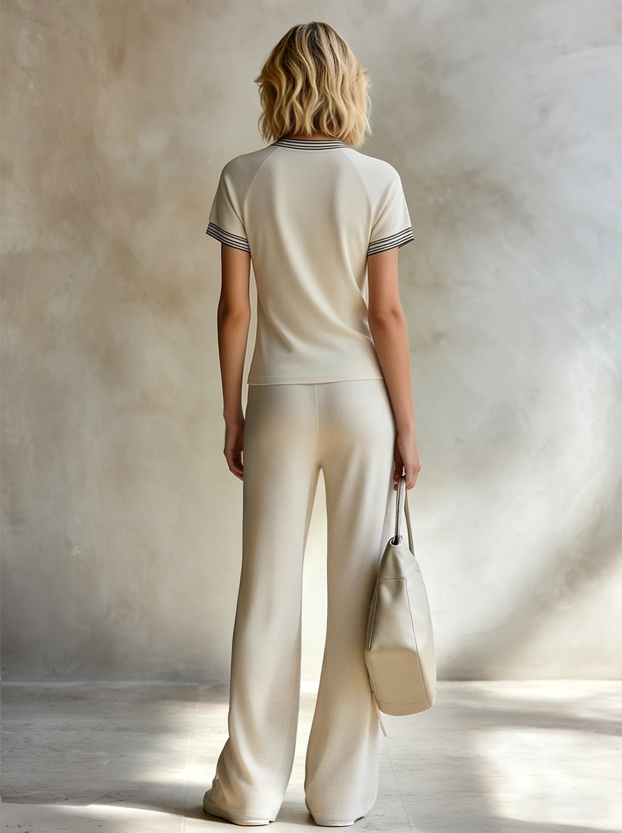 Women's Gray Knit V-Neck Short-Sleeve Top & Wide-Leg Pants Set Effortlessly Chic Ensemble