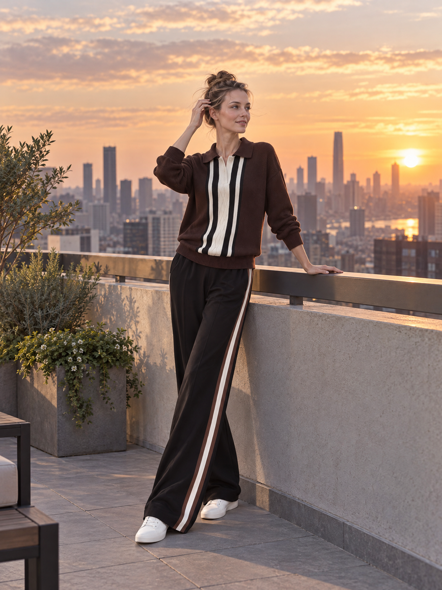 Stylish Casual Brown Color-Block Lapel Long-Sleeve Sweater And Black Trousers Set