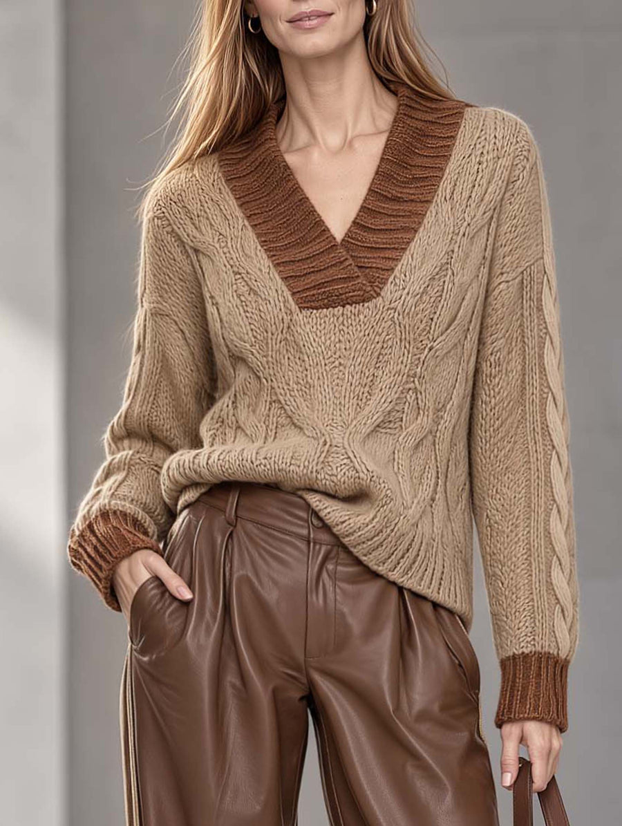 Stylish And Elegant Long-sleeve V-neck Sweater In A Khaki And Brown Color-block Design