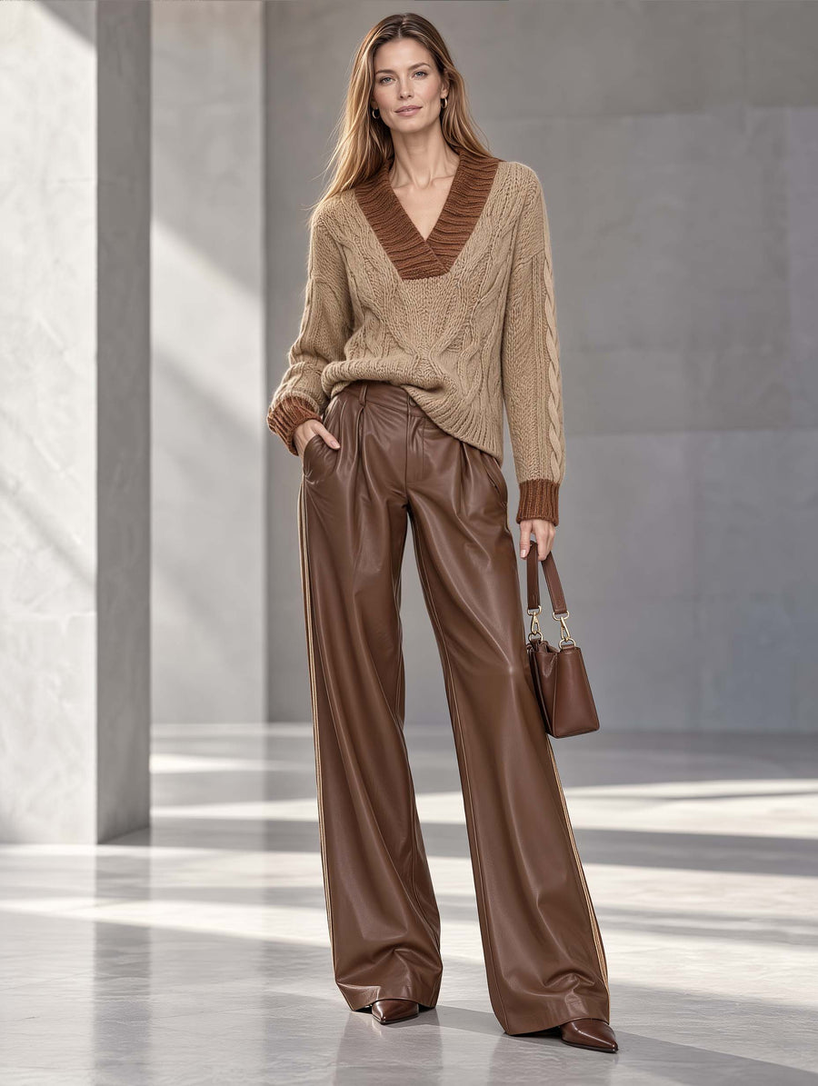 Stylish And Elegant Long-sleeve V-neck Sweater In A Khaki And Brown Color-block Design