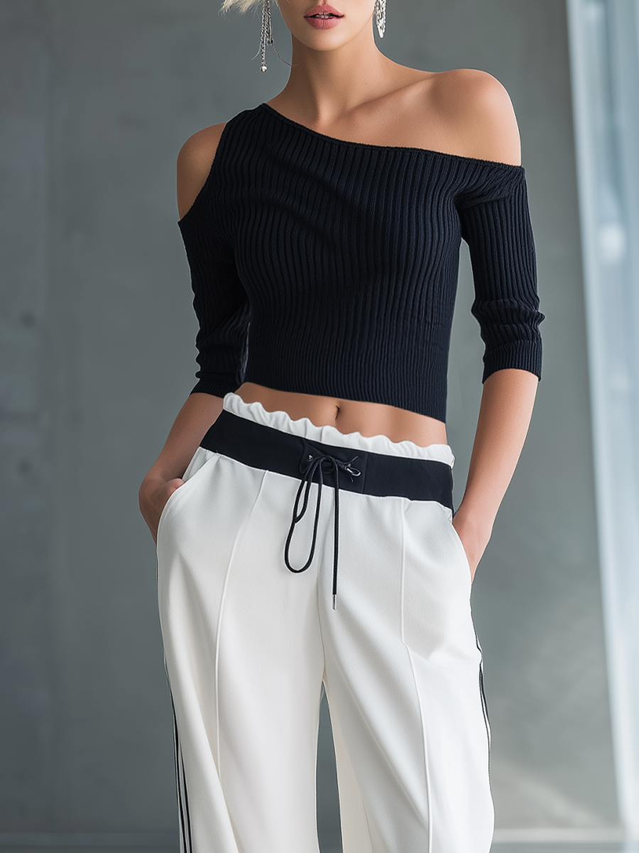 Women's Fashionable Casual Black Off-the-shoulder Top And Wide-leg Pants Set