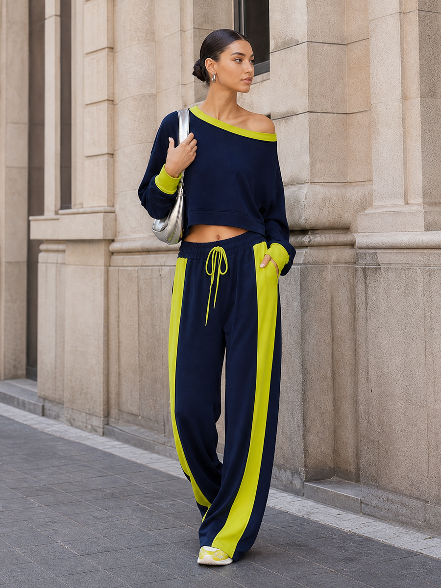 Women's Fashionable Navy Blue Color-block Off-the-shoulder Top And Wide-leg Pants Casual Set