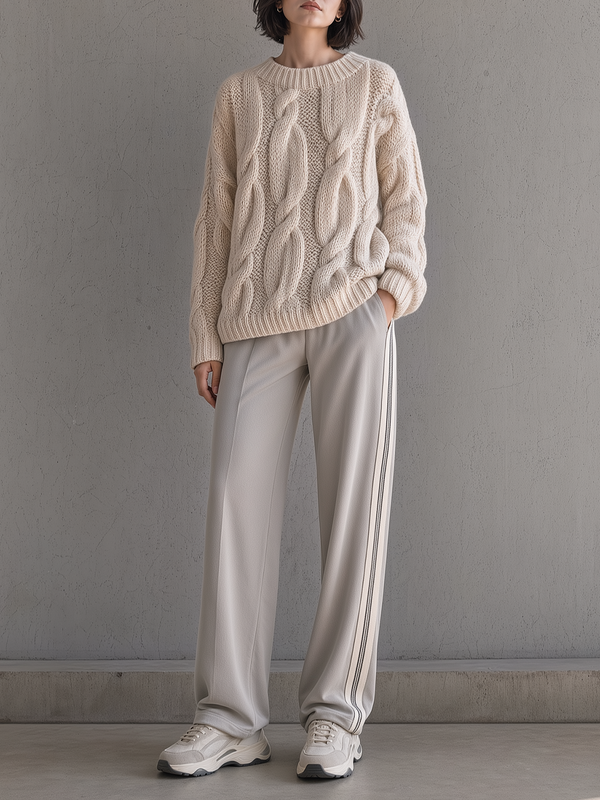 Cream Cable Knit Sweater & Grey Side Stripe Wide-Leg Pants Set
