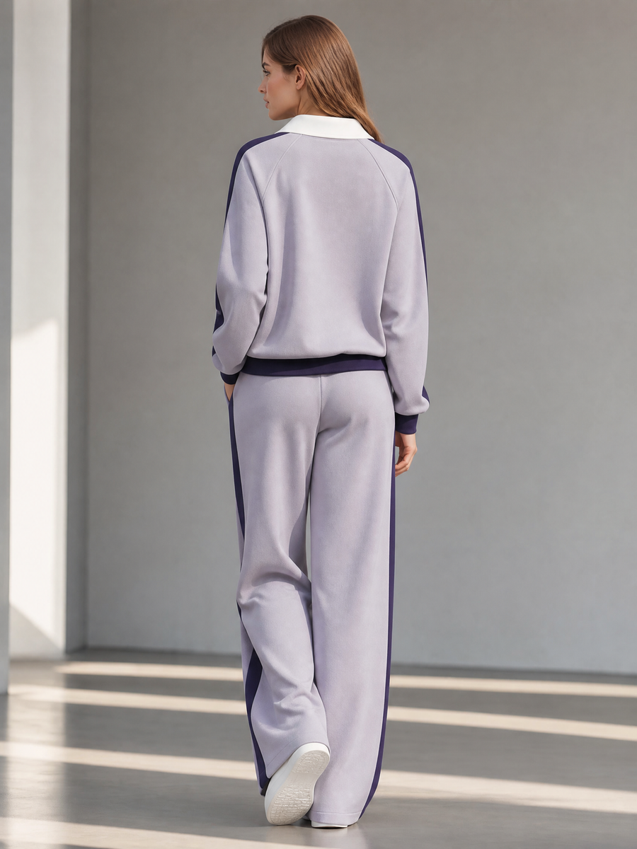 Purple Color-block Athleisure Set Featuring A Long-sleeve Top And Wide-leg Pants