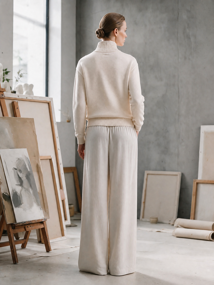 Ivory Embroidered Mock Neck Half-Button Knit Sweater