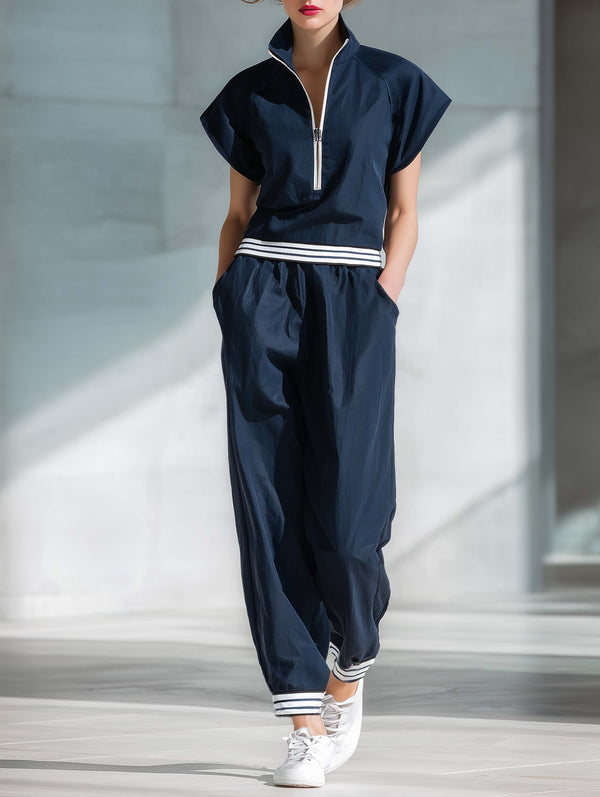 Women's Stylish Casual Dark Blue Short-sleeved Top And Trousers Set