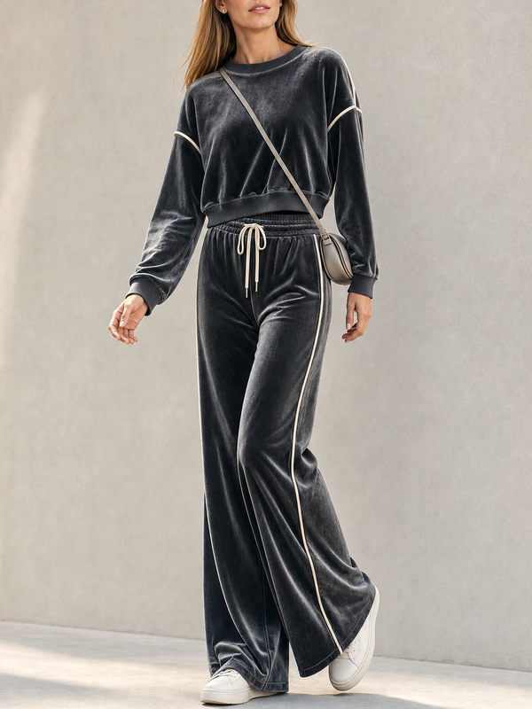 Dark Gray Velvet Sweatshirt And Wide-leg Trousers Set