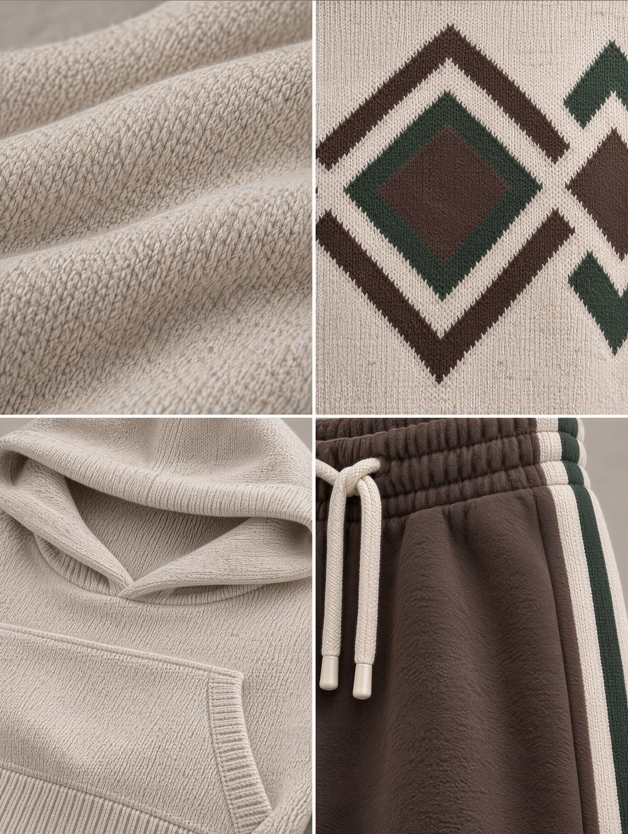 Oatmeal Aztec Knit Hoodie And Side-Stripe Wide-Leg Pants Set