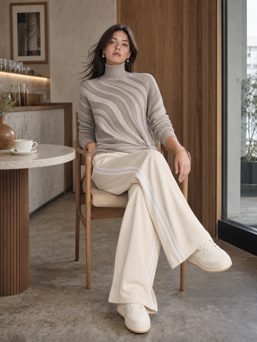 Taupe Swirl Turtleneck Sweater & Stripe Wide-Leg Pants Set