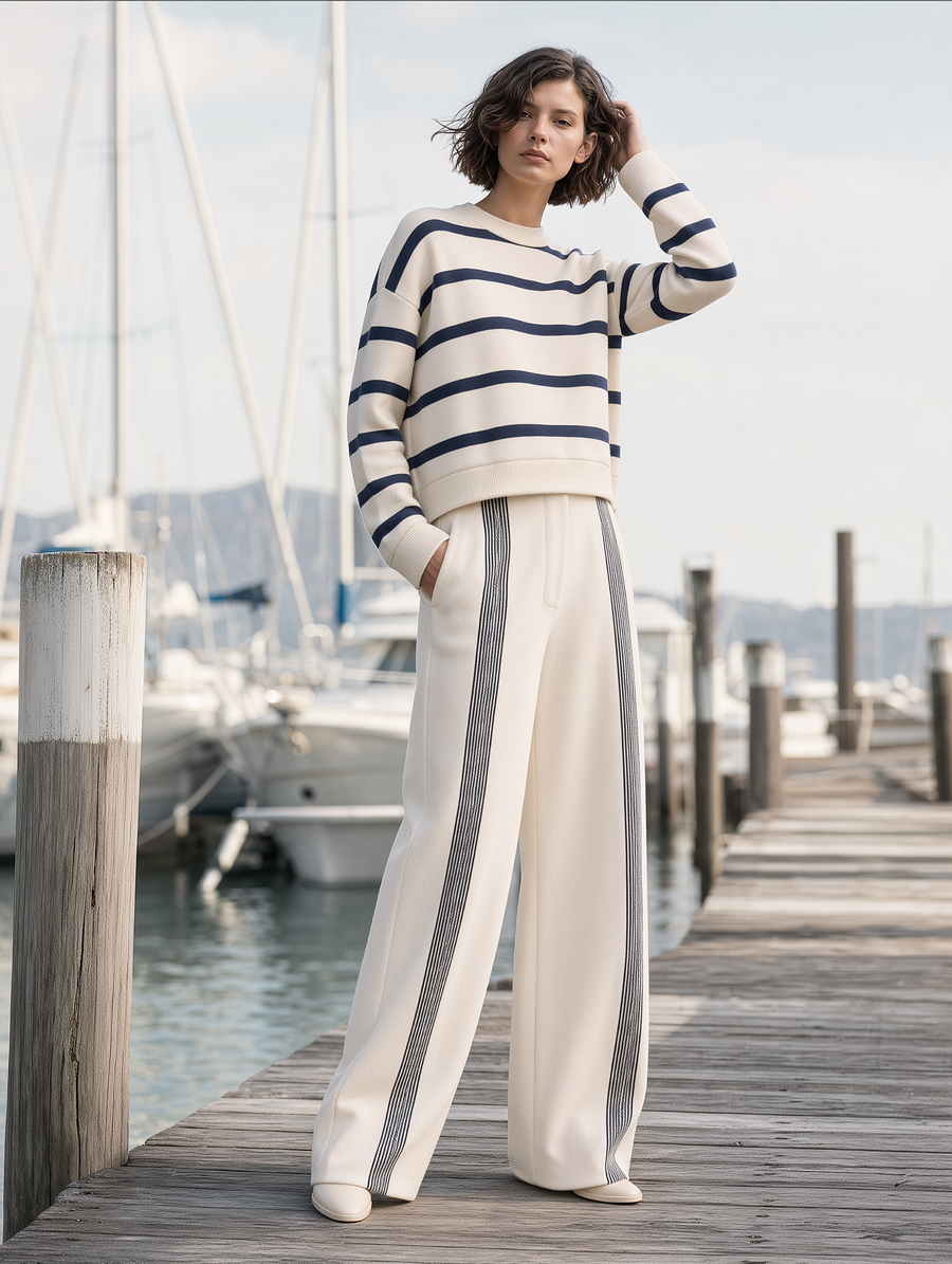Breton Stripe Cream & Navy Knit Sweater & Wide-Leg Trousers Set