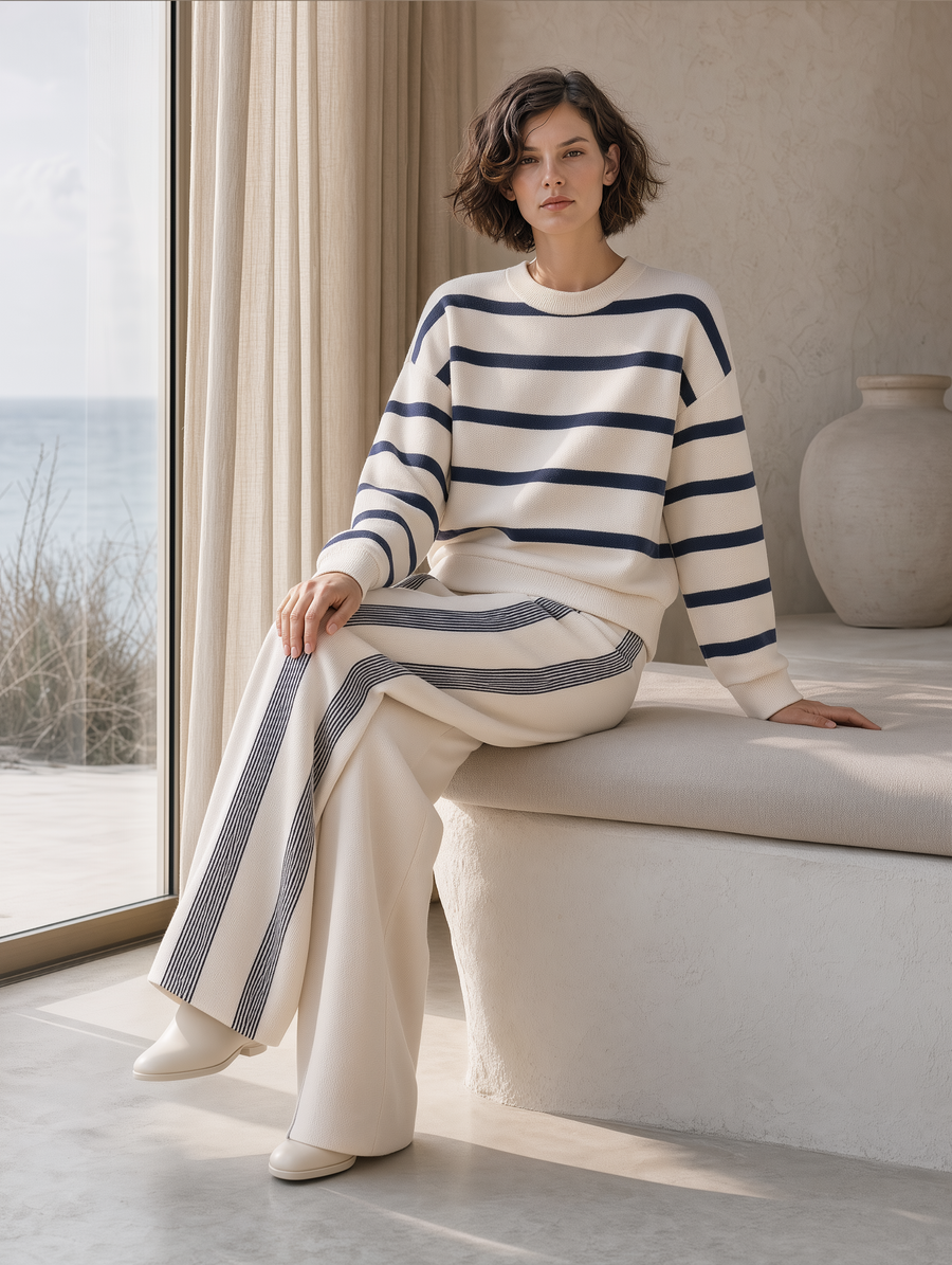 Breton Stripe Cream & Navy Knit Sweater & Wide-Leg Trousers Set
