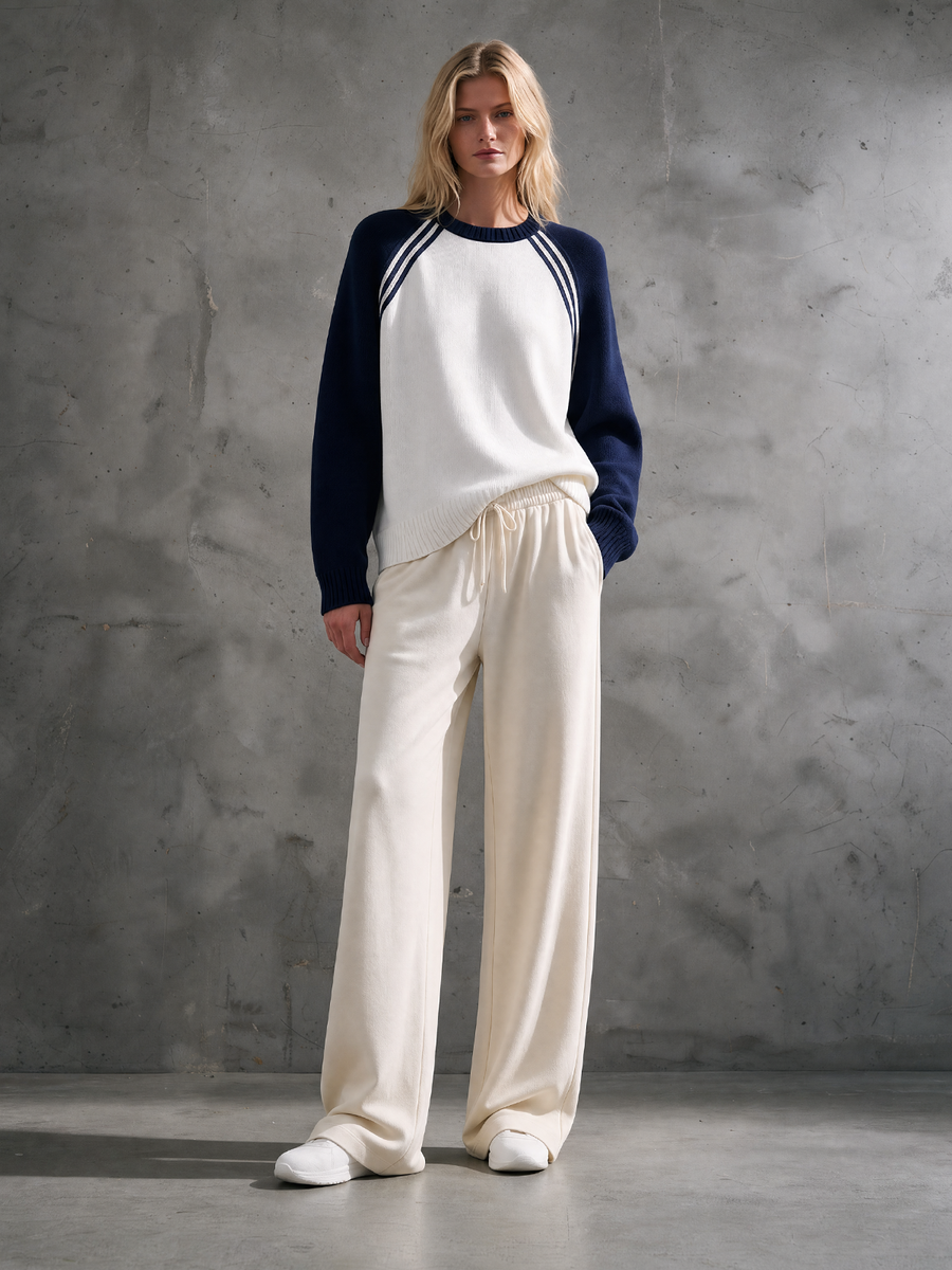 Navy Color-Block Raglan Knit Top & Cream Wide-Leg Pants Set