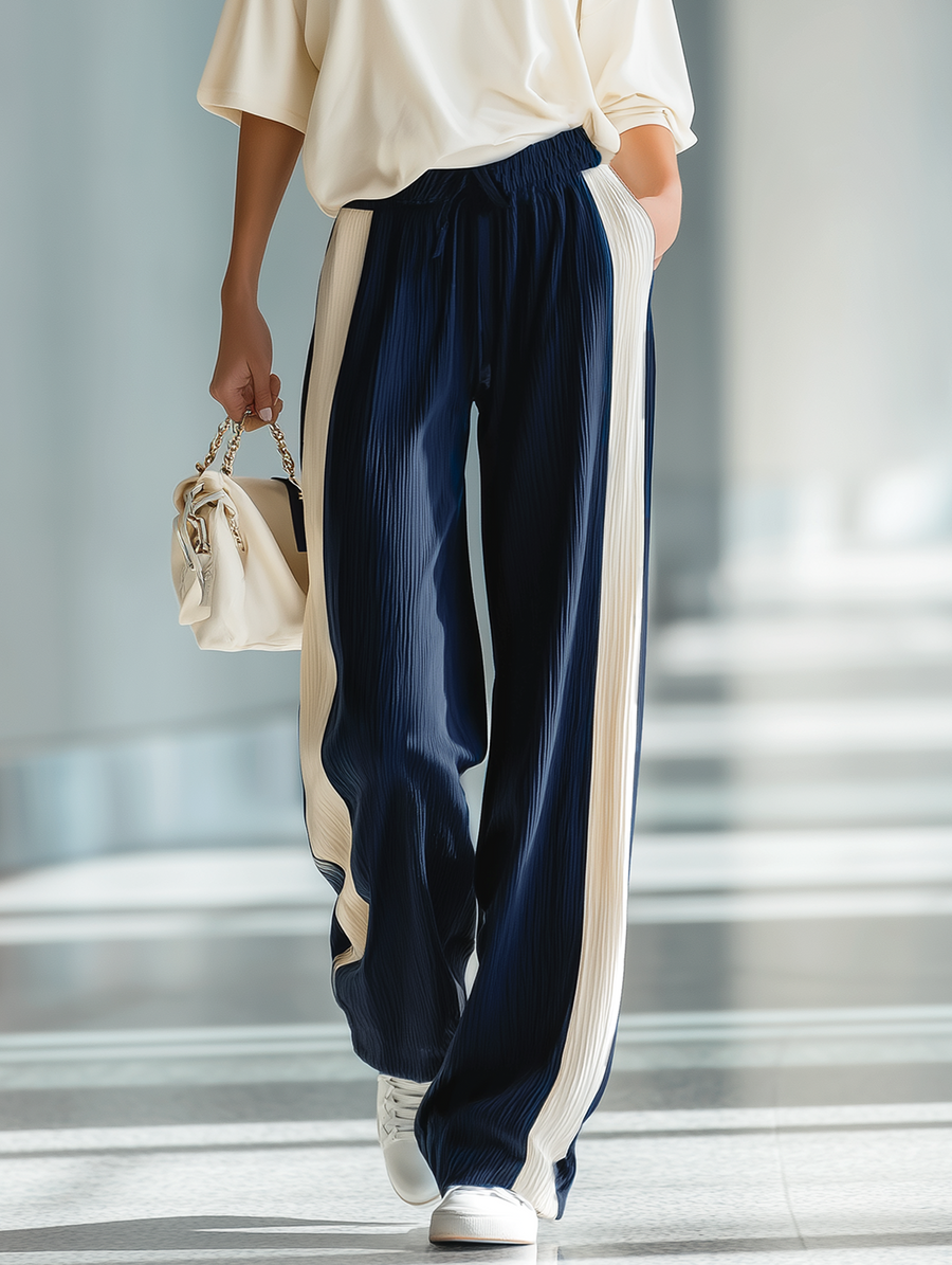 Women's Retro Relaxed-fit Color-block Off-the-shoulder Top And Ribbed Wide-leg Pants Set