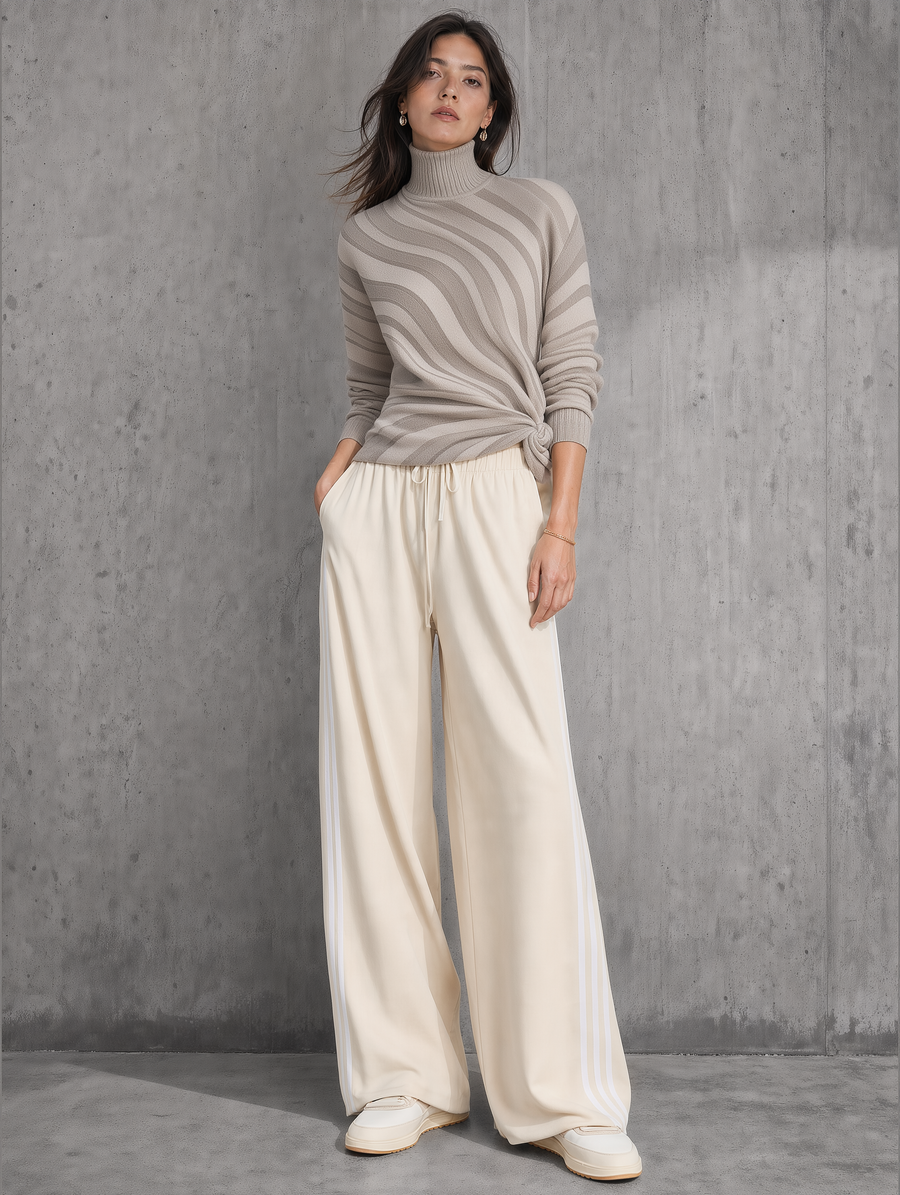 Taupe Swirl Turtleneck Sweater & Stripe Wide-Leg Pants Set