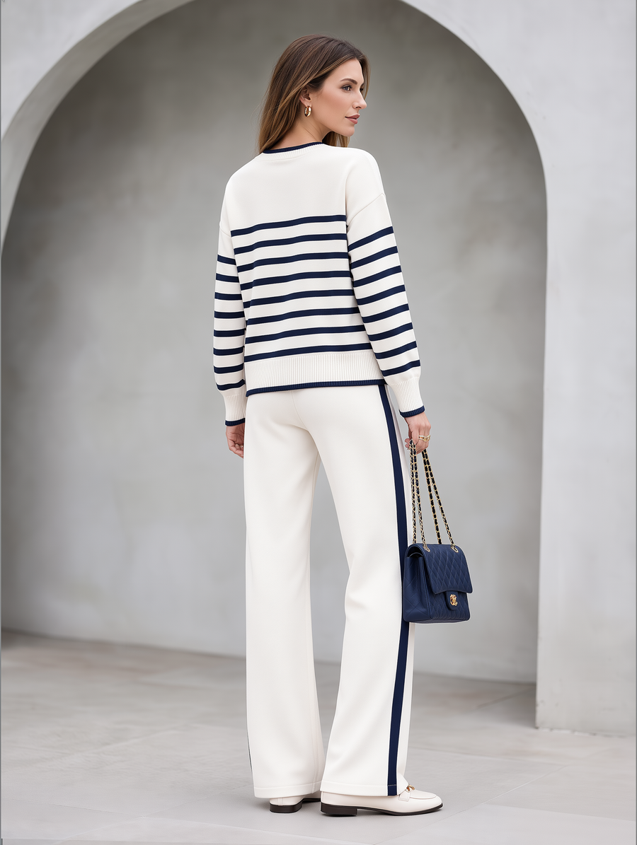 Navy Striped Knit Sweater And Wide-leg Trousers Set