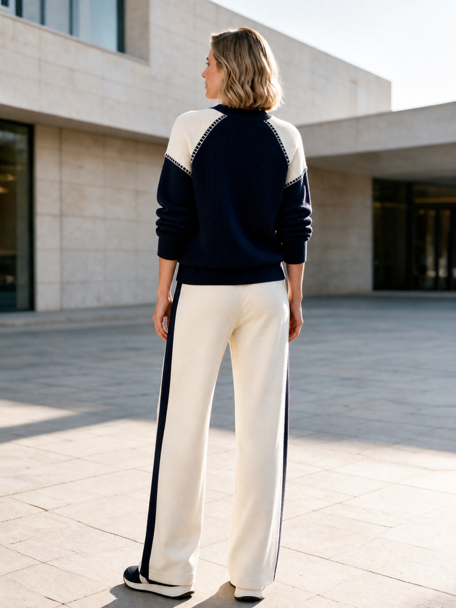 Navy And White Color-block Sweater And Wide-leg Trousers Set