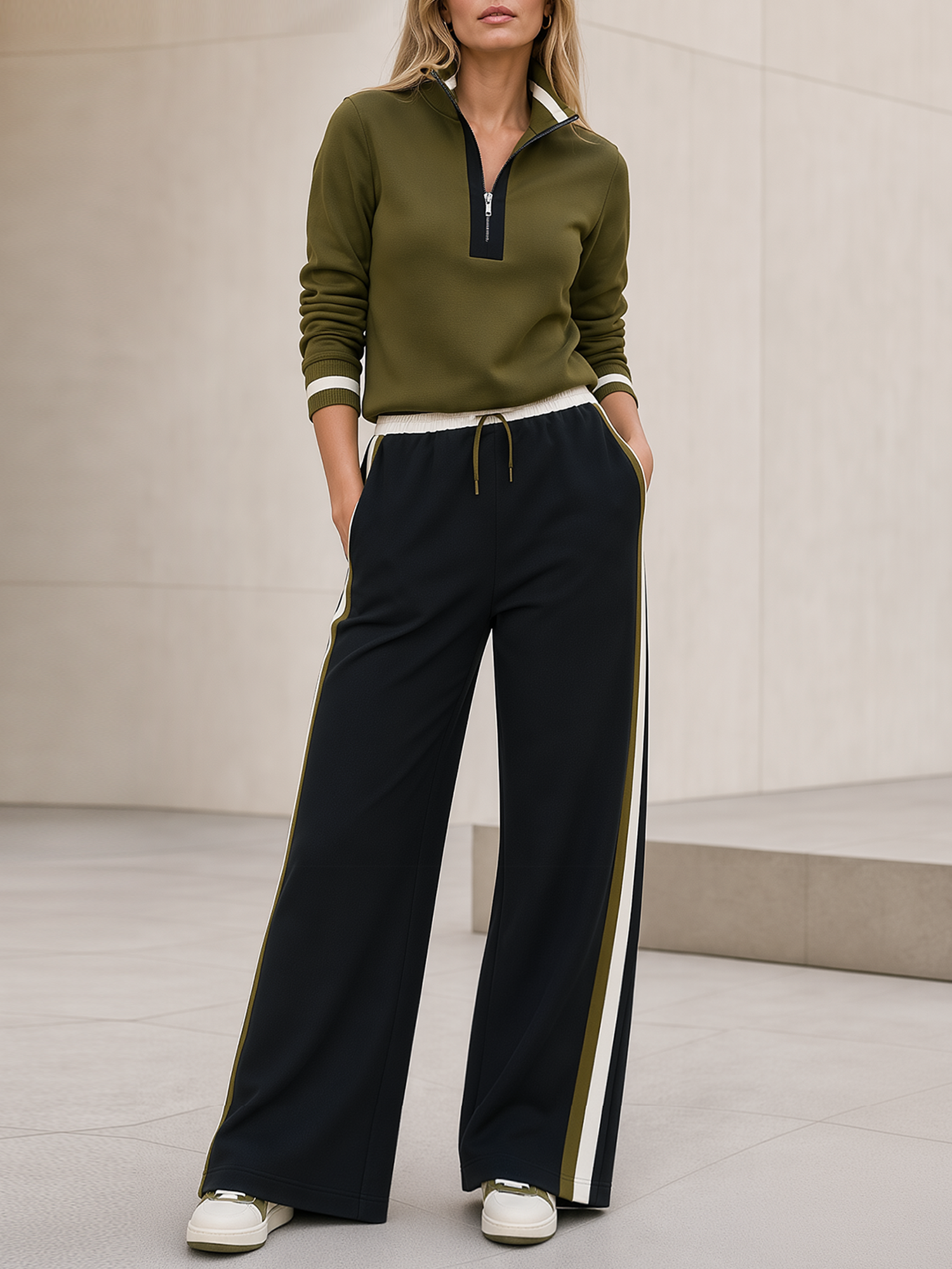 Olive Green Color-block Half-zip Mock-neck Top And Side-panel Wide-leg Pants Set