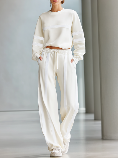 Women's Stylish Casual Beige Textured Patchwork Sweatshirt And Wide-leg Pants Set