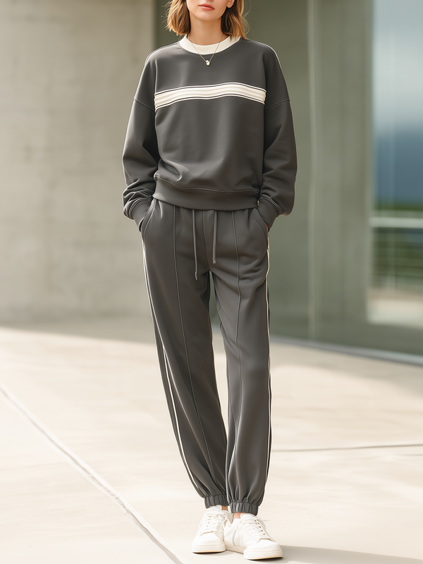 Dark Grey Contrast White Stripe Jogger Sweatshirt Set