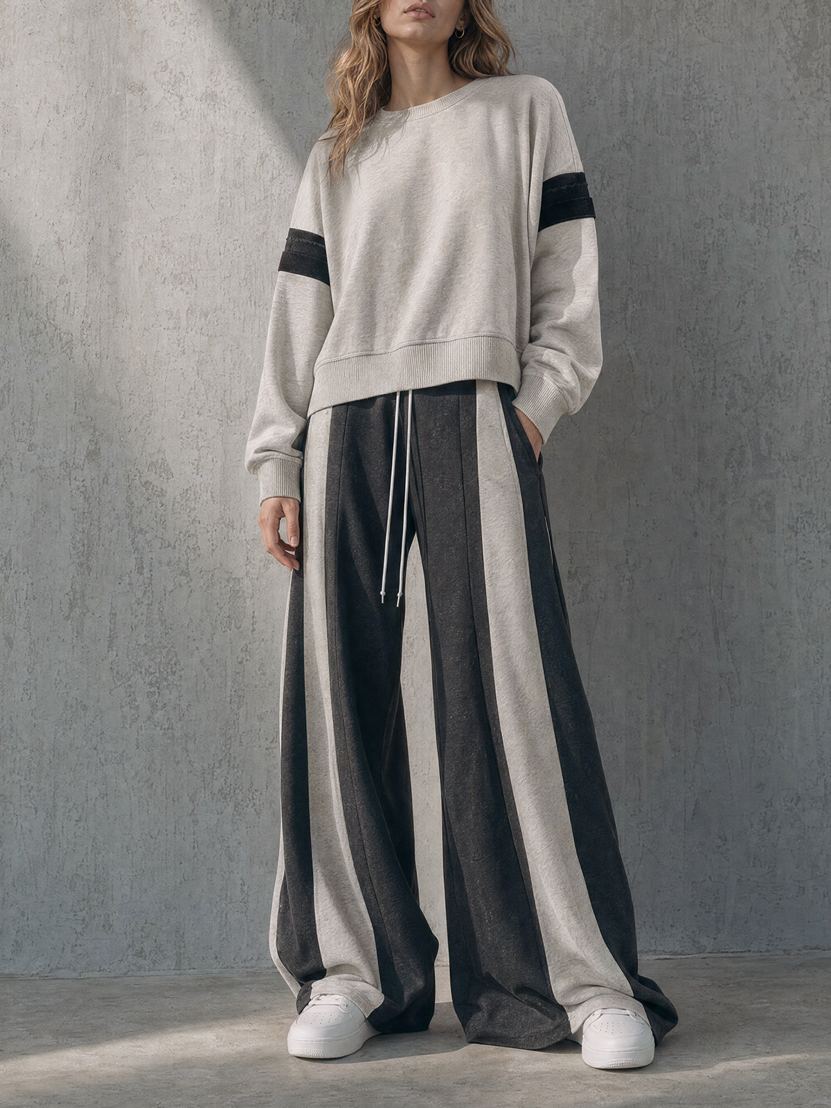 Oatmeal Varsity-Stripe Sweatshirt & Color-Block Wide-Leg Pants Set