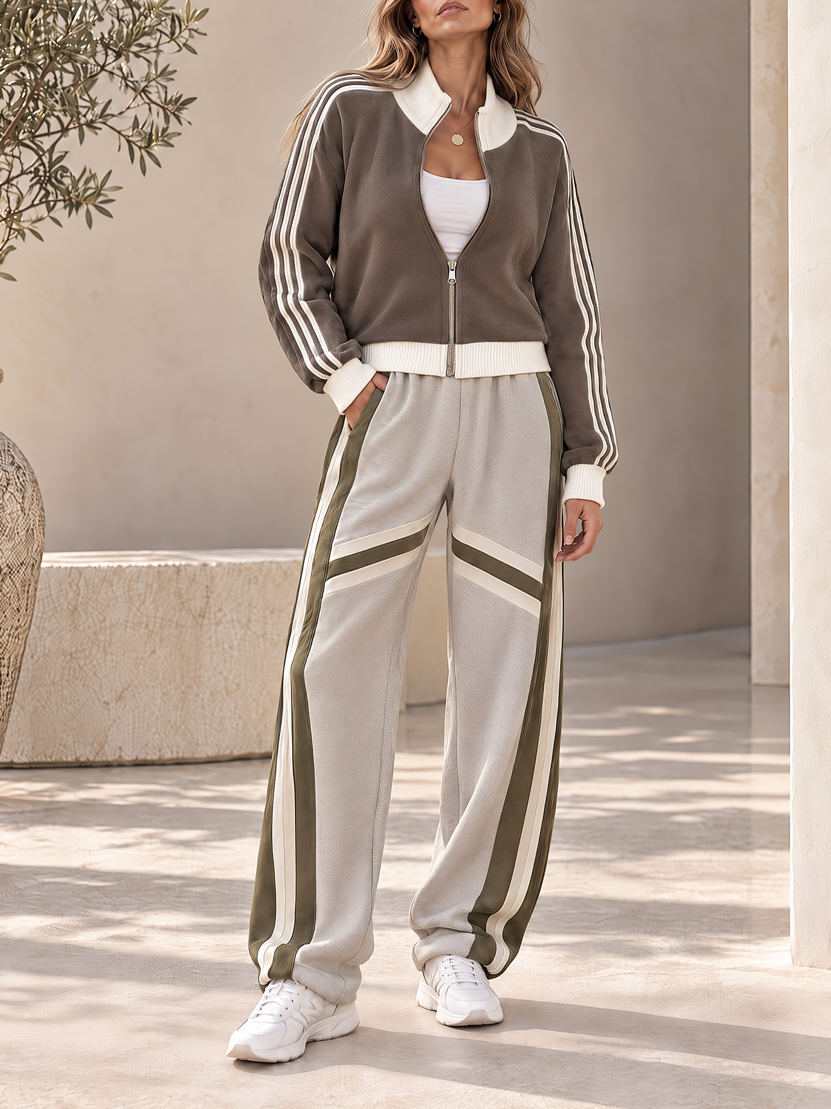 Taupe Fleece Zip-up Track Jacket And Color-block Wide-leg Pants Set
