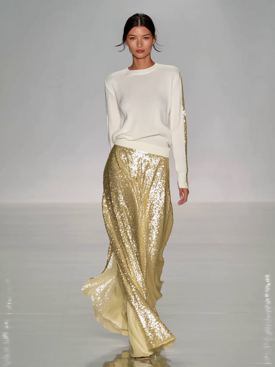 Women's Fashionable Casual Round Neck Knitted Top With Sequined Long Skirt Suit
