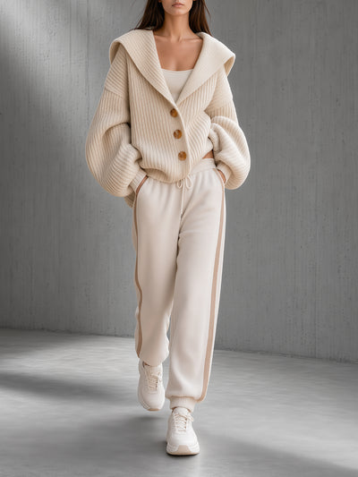 Cream Shawl-Collar Knit Cardigan & Side-Stripe Jogger Pants Set