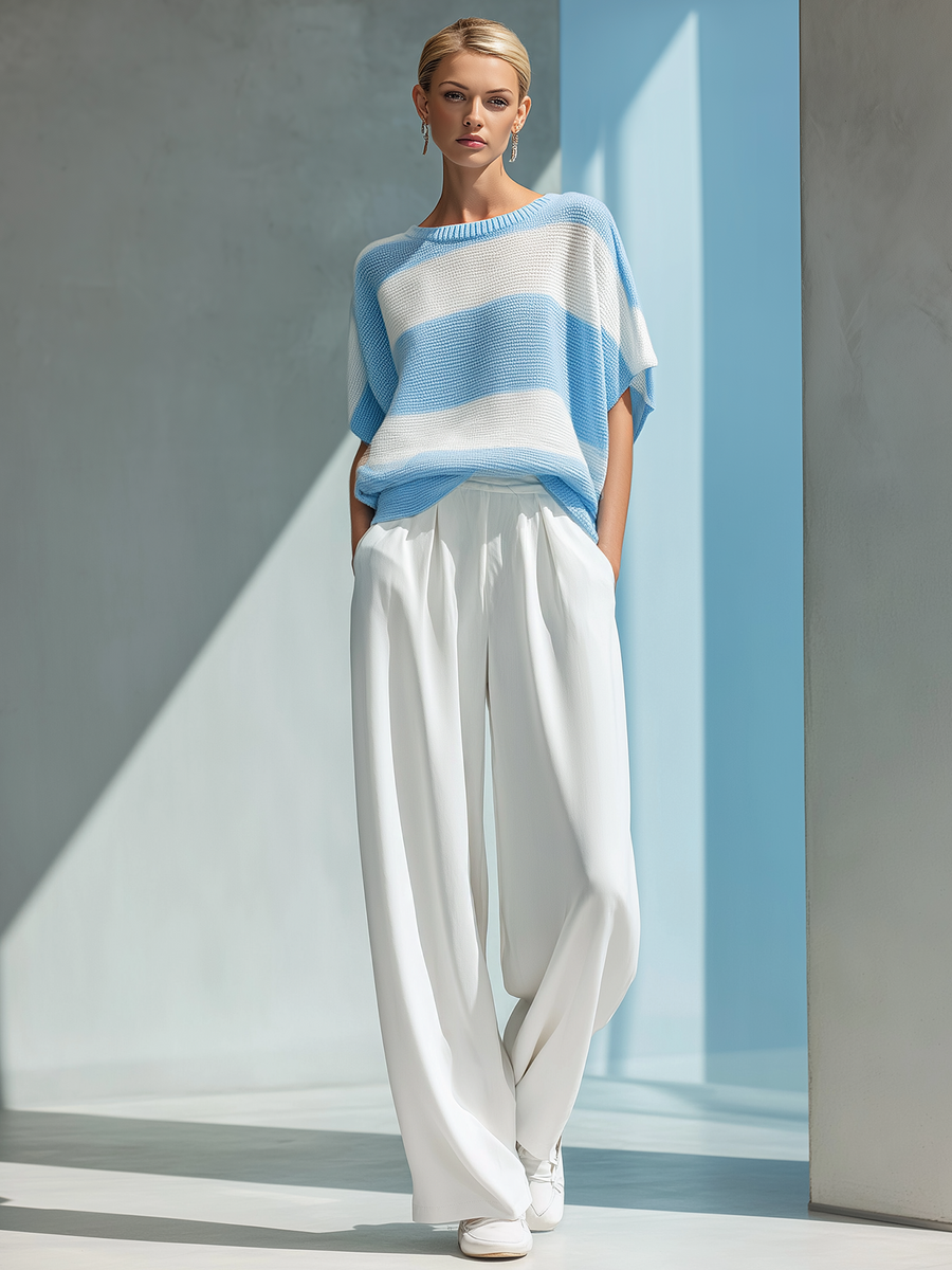 Women's Fashionable Casual Blue And White Striped Short-sleeved Knit Top And Pants Set