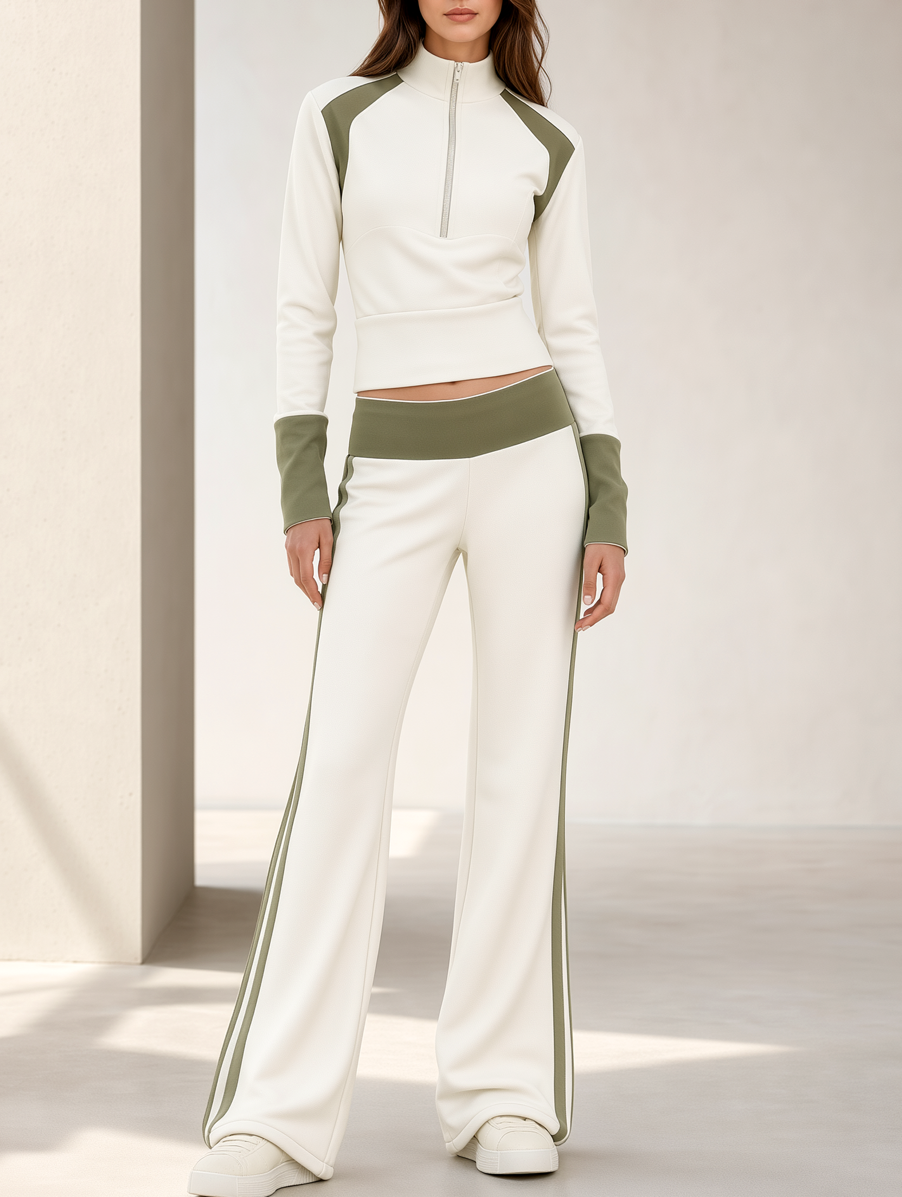 Off-white Color-block Half-zip Top And Slight-flare Trousers Set