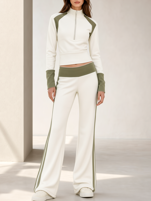 Off-white Color-block Half-zip Top And Slight-flare Trousers Set