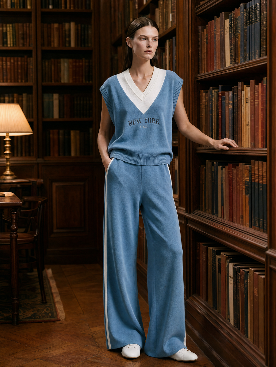Dusty Blue Embroidered Knit Vest & Side-Stripe Wide-Leg Pants Set