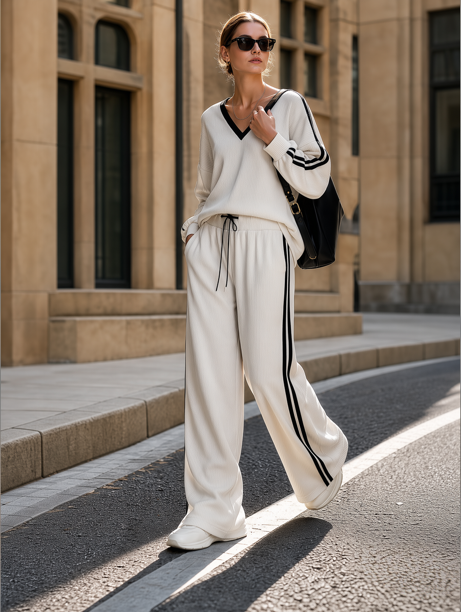 Women's Stylish Casual White Color-block V-neck Top And Trousers Set
