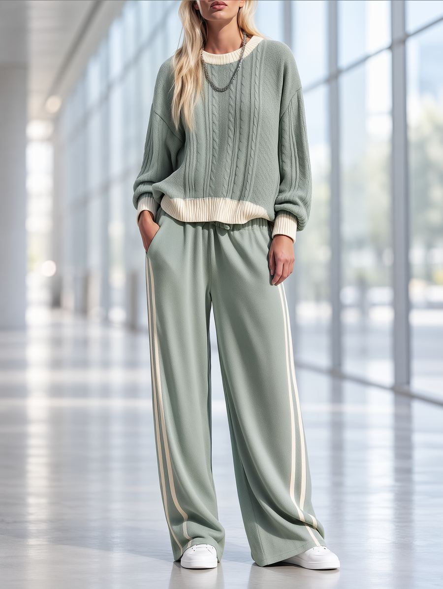 Sage Green Cable-Knit Sweater & Side-Stripe Wide-Leg Pants Set