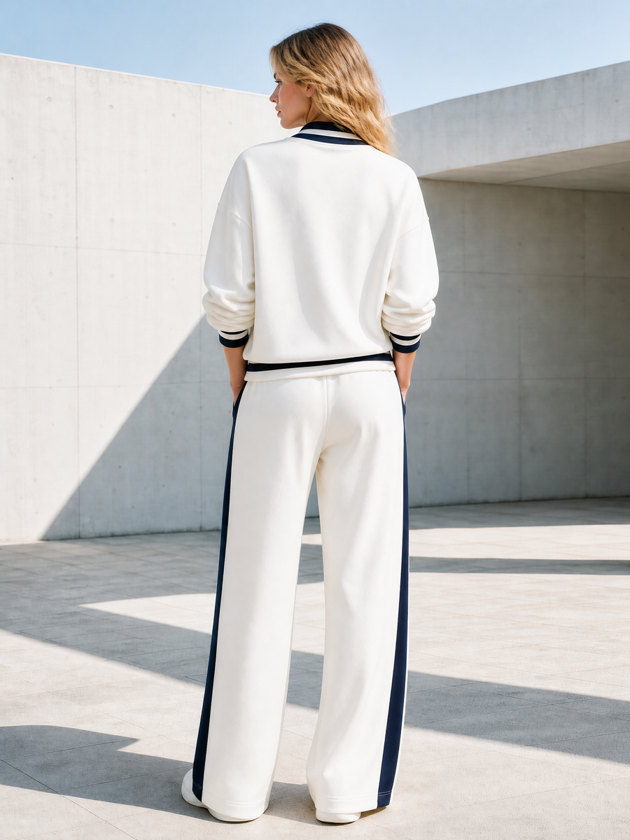 Off-white Color-block V-neck Jacket And Navy Wide-leg Trousers Set With Side Stripes