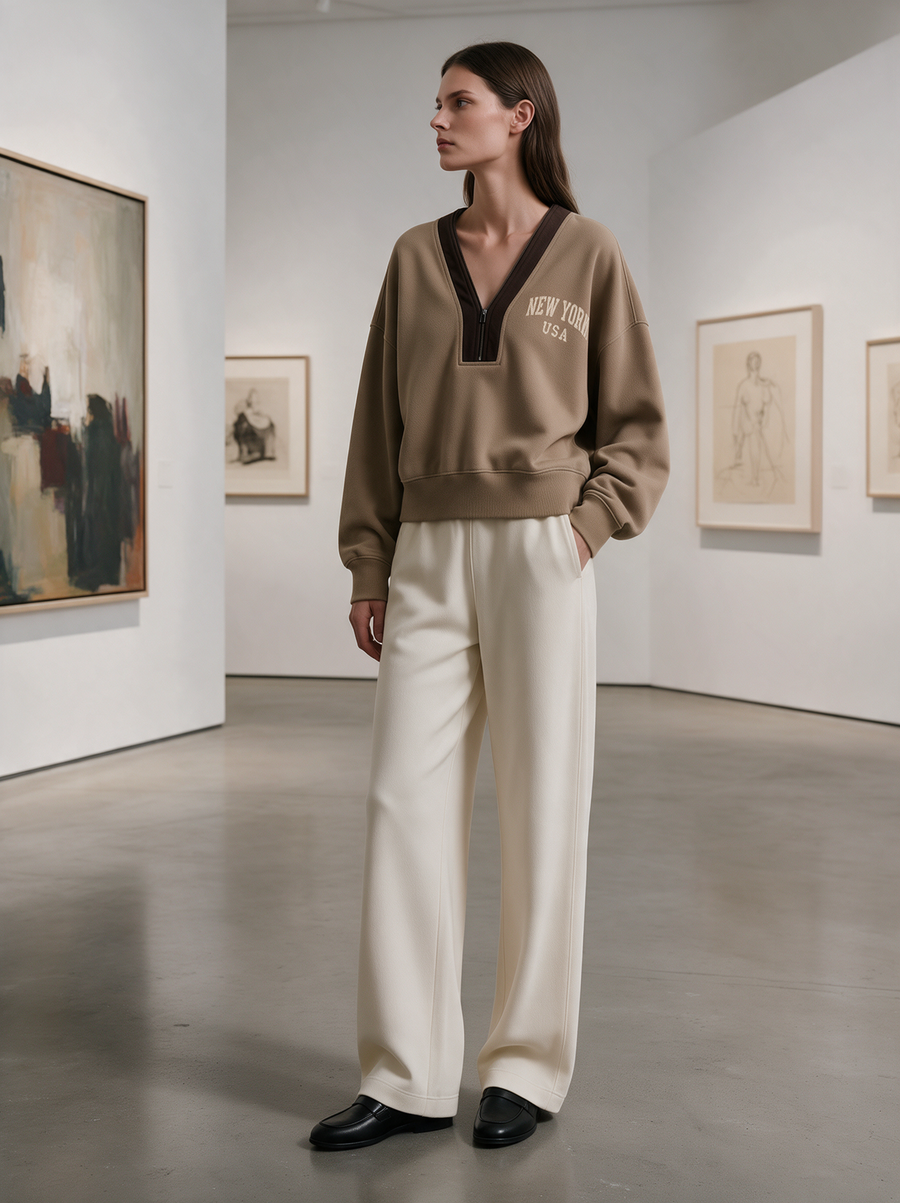 Taupe Varsity Half-Zip Crop Sweatshirt & Wide-Leg Sweatpants Set